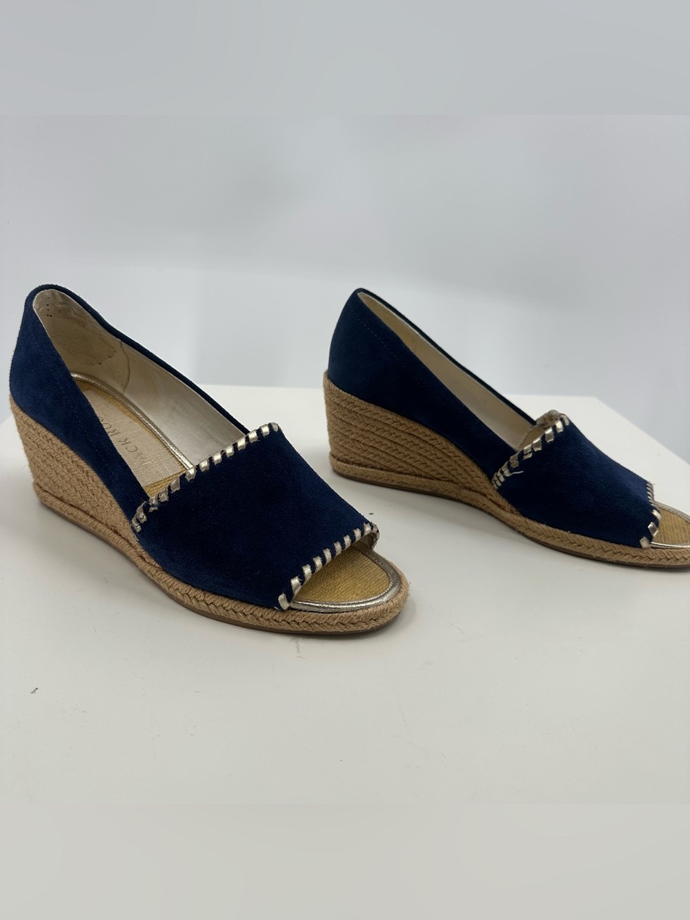 Jack Rogers Navy Suede Peep Toe Espadrille Wedge Sandals Whipstitch Womens 7